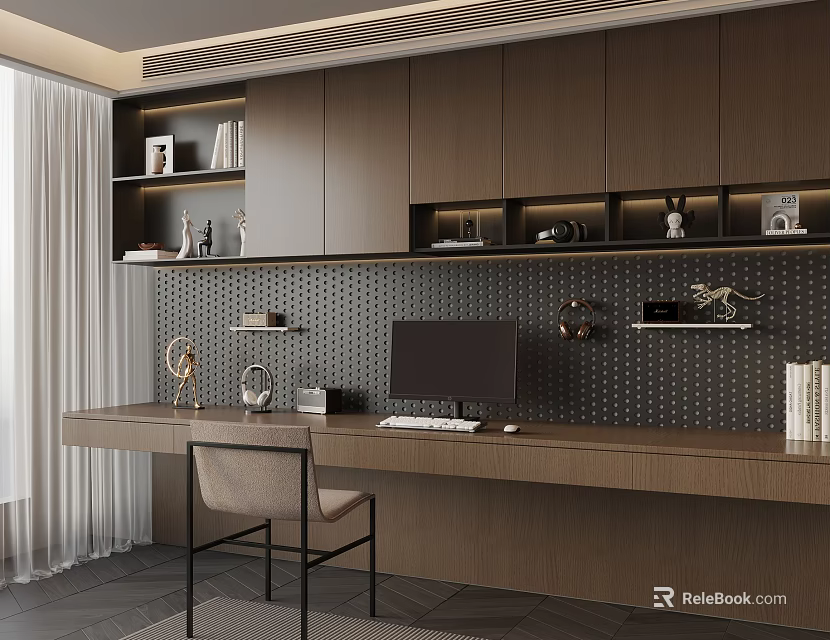 Modern Wooden Desk With Computer Desk Lamp And Perforated Wall Cabinets 3d model 