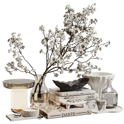 Decorative Ornament Set with White Blossom Branches Vase Bowl Books and Cups 3d model