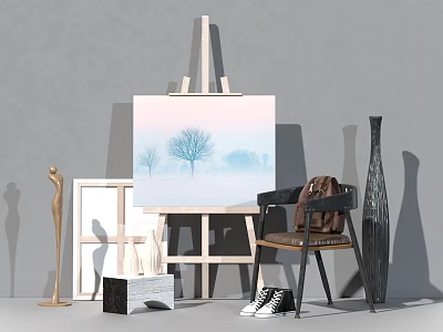 Creative Art Supplies Setup with Easel Canvas Foggy Tree Painting Frame and Sculpture 3d model