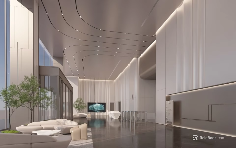 Modern Service Hall Interior Design With Spacious Space Sofa Seating Green Plants And TV Screen 3d model 