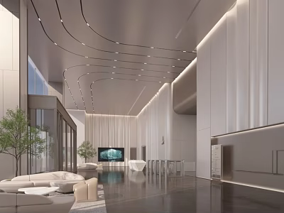 Modern Service Hall Interior Design With Spacious Space Sofa Seating Green Plants And TV Screen 3d model