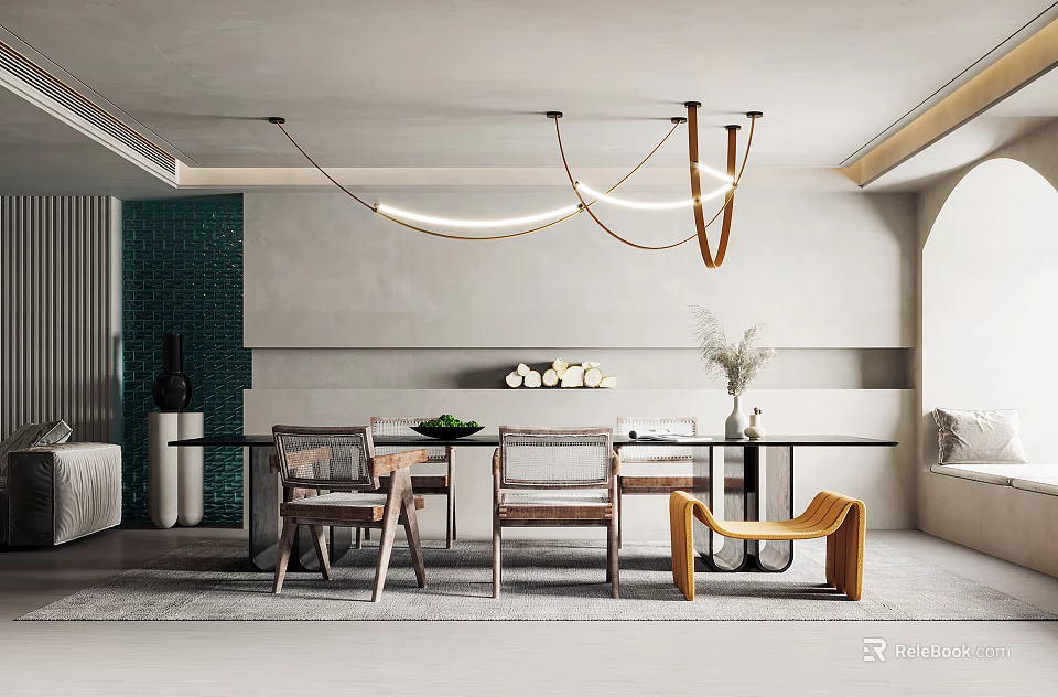 Elegant Modern Restaurant Interior With Wooden Dining Table Chairs Unique Pendant Lights And Textured Wall 3d model 