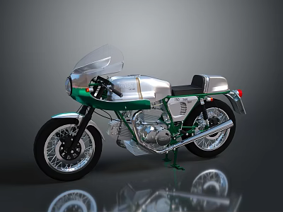 Vintage Green and Silver Motorcycle with Windshield Chrome Details and Black Tires 3d model
