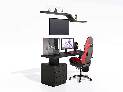 Red And Black Office Chair With Black Desk Dual Monitors Computer Tower Home Office Station 3d model