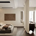 Modern Minimalist Bedroom Interior With Gray Bed Headboard Nightstands Carpet And Decorative Painting