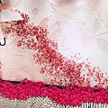 Romantic Photo Check in Spot With Red Flower Decor Umbrella and Rose Patterned Wall