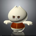 White Cartoon Cat Character With Red Vest Yellow Trim Brown Eyes Standing Against Gray Background