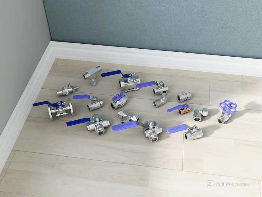 Industrial Valves Scattered On Wooden Floor With Blue Handles Various Shapes And Sizes 3d model 