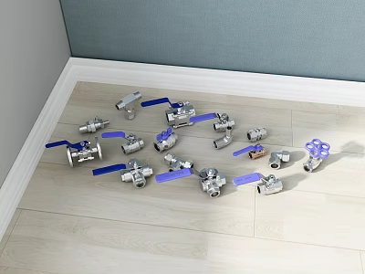 Industrial Valves Scattered On Wooden Floor With Blue Handles Various Shapes And Sizes 3d model