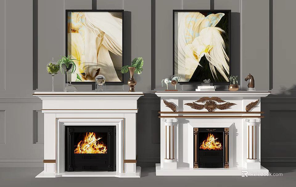 Elegant White Fireplace With Carved Wings Burning Fire And Decorative Artwork 3d model