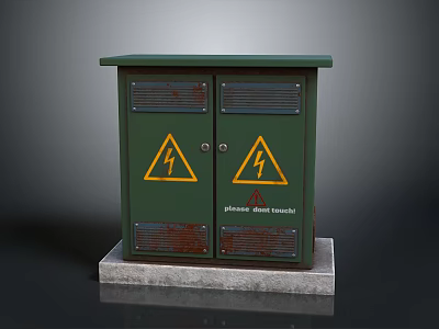 Green Double Door Storage Cabinet With Warning Signs On Concrete Base 3d model