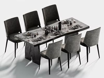 Modern Dark Wood Dining Table and Gray Chairs Set with Plates Glasses and Cutlery 3d model