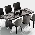 Modern Dark Wood Dining Table and Gray Chairs Set with Plates Glasses and Cutlery