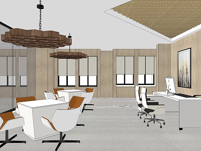 Modern Office Design With White Desks Orange And White Chairs Windows And Wooden Pendant Lights 3d model