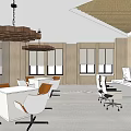 Modern Office Design With White Desks Orange And White Chairs Windows And Wooden Pendant Lights