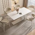 Modern Dining Table Set With White Tabletop Four Beige Chairs Metal Legs Minimalist Indoor Setting