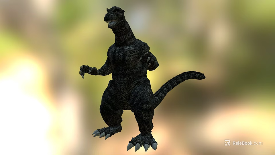 Black Giant Monster Standing With Textured Skin And Long Tail In Blurred Background 3d model 