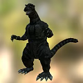 Black Giant Monster Standing With Textured Skin And Long Tail In Blurred Background