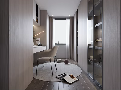Modern Minimalist Study Room Interior Design With Writing Desk Chair Large Window And Open Shelves 3d model