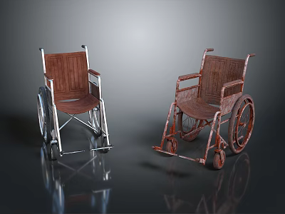 Modern And Vintage Wheelchairs Featuring Metal Frames And Wooden Seats 3d model
