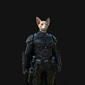 Detailed Game and Movie Character With Black Armored Suit Helmet Cape and Blue Tech Accents