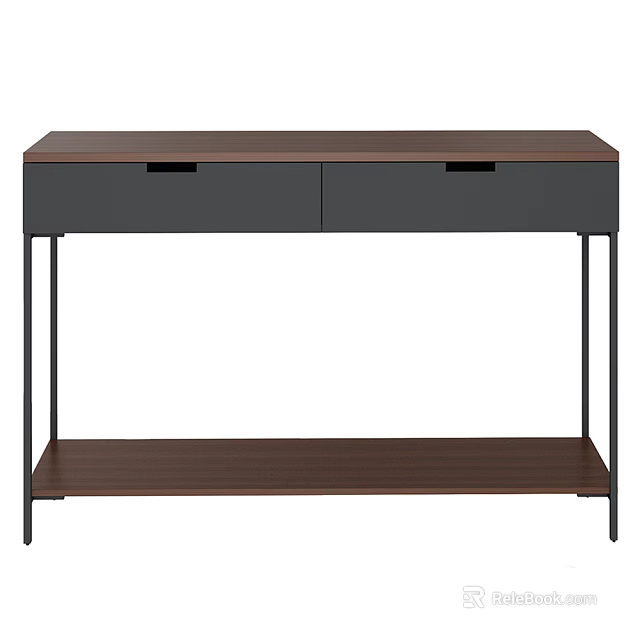 Modern Home Office Desk With Brown Tabletop Gray Drawers Black Metal Legs And Lower Shelf 3d model 