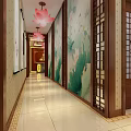 Traditional Chinese Clubhouse With Lotus Decor Wooden Walls Warm Lighting Murals And Reception Desk
