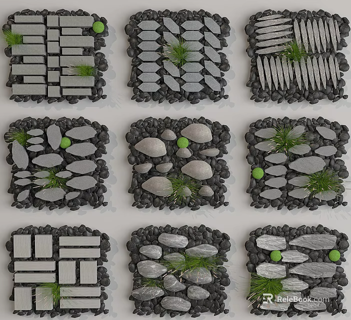 Various Garden Stepping Stone Designs With Shaped Stones Pebble Borders And Small Plants 3d model 