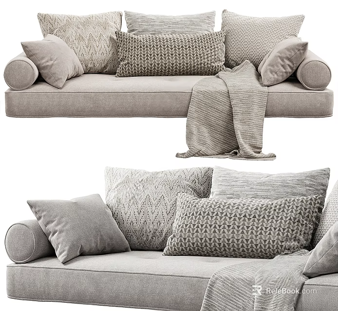 Cozy Modern Sectional Sofa With Textured Pillows And Soft Throw Blanket 3d model 