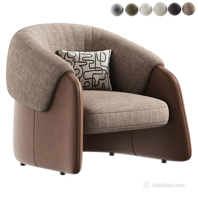Modern Brown Accent Chair With Patterned Pillow Padded Seat And Curved Arms 3d model 
