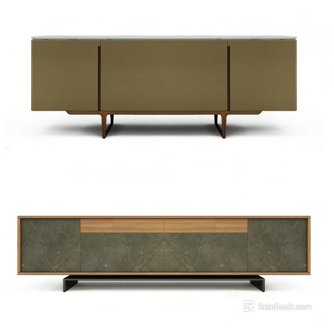 Modern TV Stand With Wooden And Stone Panels And Black Metal Legs Design 3d model 