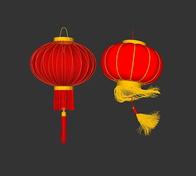 Pair of Red Chinese Lanterns With Golden Tassels And Ornamental Details 3d model