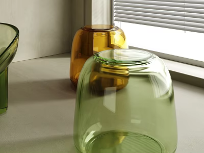 Modern Glass Stool With Green Yellow Vases On White Countertop By Window Blinds 3d model
