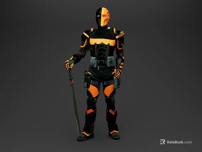 Full Body Game and Movie Character with Black Orange Armor Holding Long Staff 3d model 