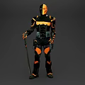 Full Body Game and Movie Character with Black Orange Armor Holding Long Staff
