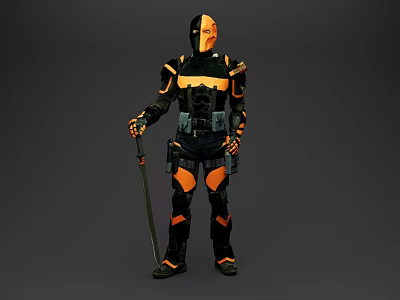 Full Body Game and Movie Character with Black Orange Armor Holding Long Staff 3d model