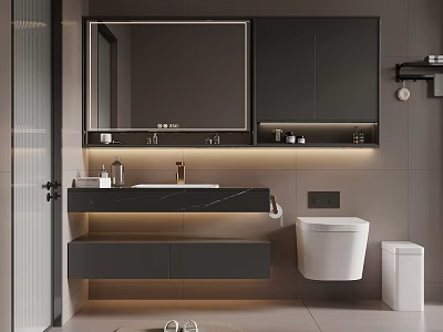 Modern Bathroom Interior With Mirror Vanity Wall Mounted Toilet Cabinets And Lighting 3d model