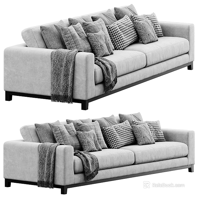 Gray Two Seater Sofa With Multiple Plaid Cushions And Knit Throw Blanket 3d model