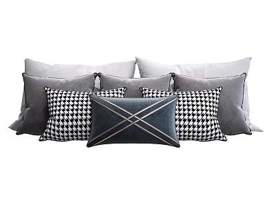 Stylish Decorative Throw Pillows With Gray And Navy Blue Houndstooth And Cross Stitch Design 3d model