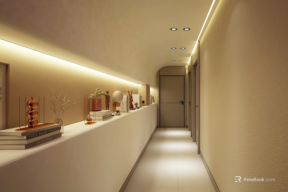 Clubhouse Corridor Modern Design With Soft Recessed Lighting And Decorative Items 3d model 