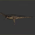 Realistic 3D Dinosaur Model With Dark Brown And Yellow Striped Skin Standing On Gray Background