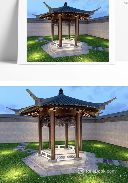 Traditional Chinese Pavilion In Courtyard With Curved Eaves And Carved Columns 3d model 