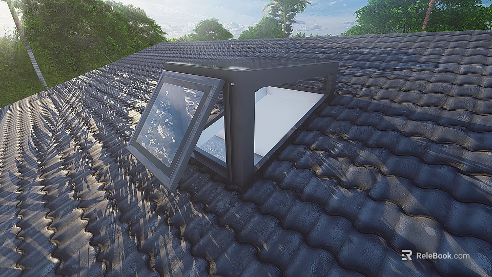 Detached Villa Tiled Roof Featuring Open Skylight And Green Trees Blue Sky 3d model 
