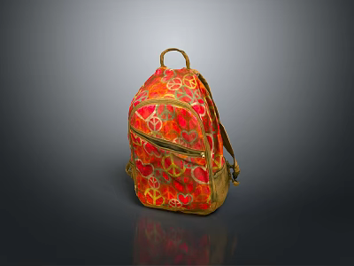 Vibrant Red Fabric Backpack With Peace Signs Hearts And Golden Accents 3d model