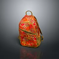 Vibrant Red Fabric Backpack With Peace Signs Hearts And Golden Accents
