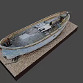 Vintage Weathered Blue Wooden Boat With Worn Paint On Gravel Platform
