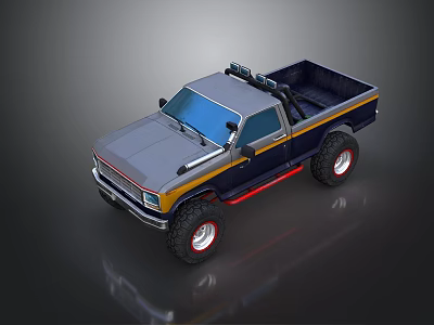 Gray and Dark Blue Off Road Pickup Truck With Large Tires Red Rims Open Bed 3d model