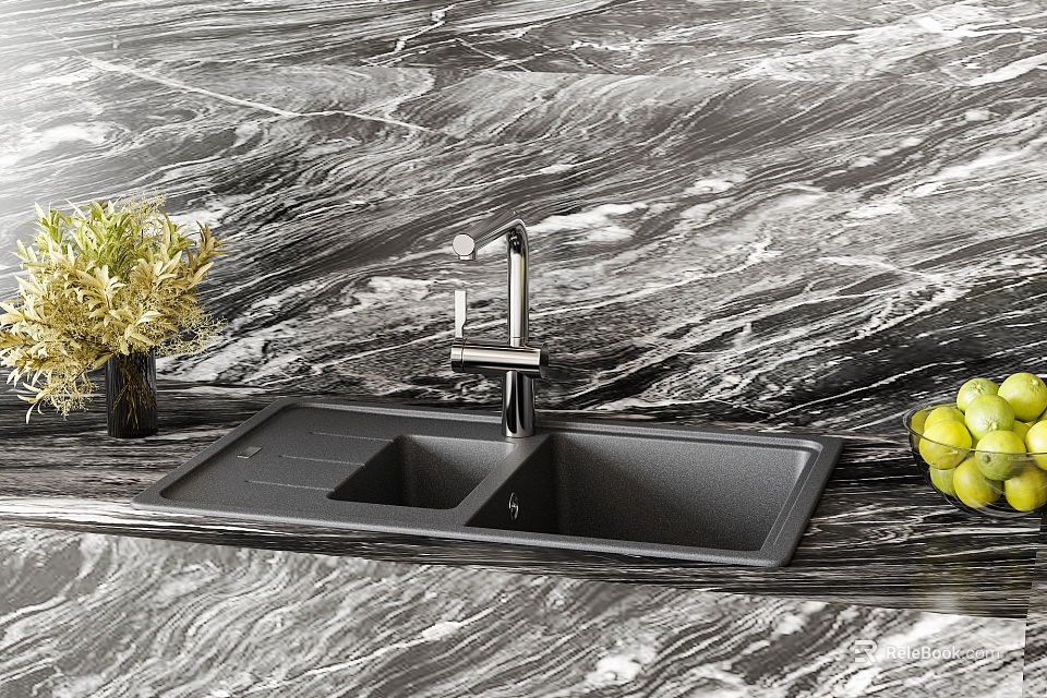 Black Double Bowl Kitchen Sink With Faucet On Marble Countertop 3d model 