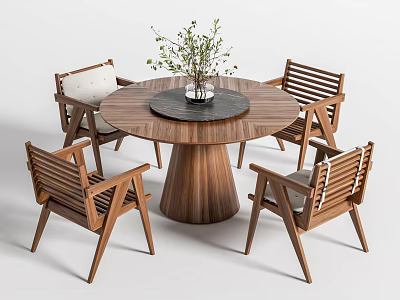 Stylish Wooden Round Dining Table Set With Four Chairs And Vase With Green Plants 3d model