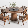 Stylish Wooden Round Dining Table Set With Four Chairs And Vase With Green Plants
